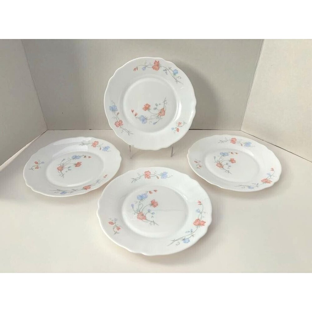 ARCOPAL FRANCE Sweet Pea Pattern Set of 4 Side Plates Opaline Milk Glass Floral